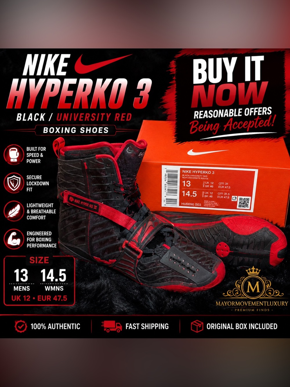 Nike HyperKO 3 Boxing Shoes Black Red Men’s 13 EU 47.5 w/ Box